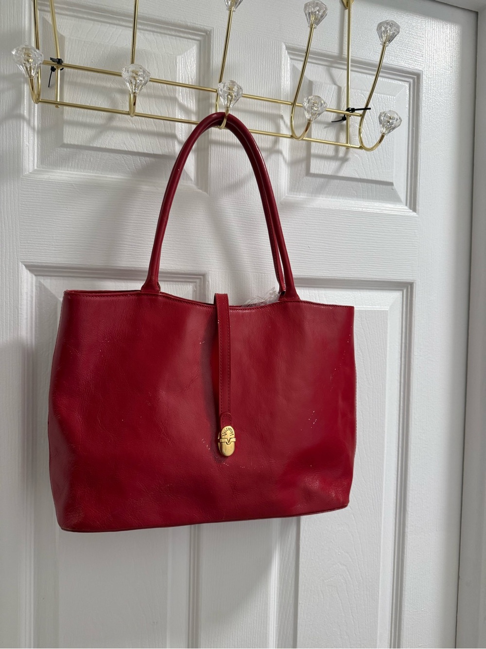 Red Leather Tote Bag with Gold Accent